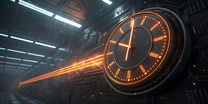 Futuristic round clock face with glowing orange light lines in dark metallic tech room.