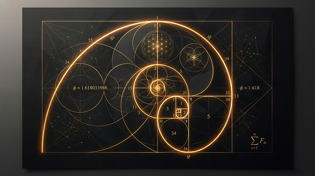 Golden Fibonacci spiral design with geometric patterns and mathematical equations