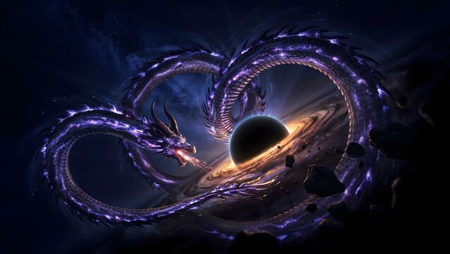 Mystical Cosmic Scene with Galactic Serpent and Planetary Orbit in Space