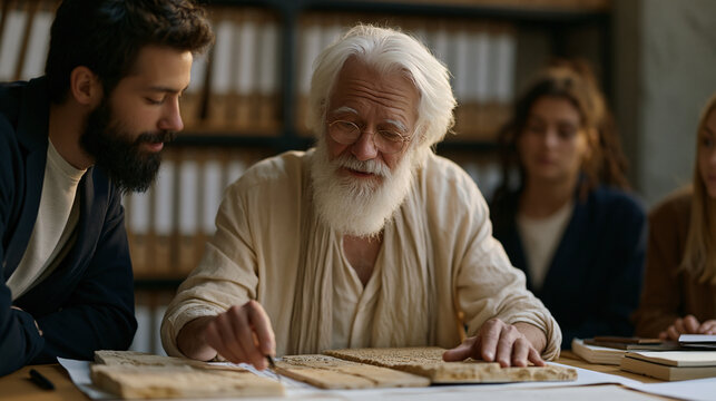 linguist arranging ancient clay tablet replicas beside vowel-shift diagram on university seminar table, pointing to syllabary comparison chart, multicultural graduate group