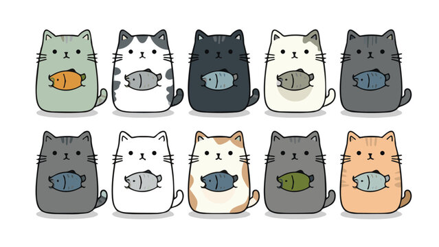 Cute Cartoon Cats with Varied Expressions and Colors.
