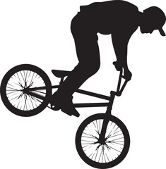 Naklejka premium Silhouette cyclist performing aerial stunt on BMX bike in dynamic motion isolated on white background for sports design elements