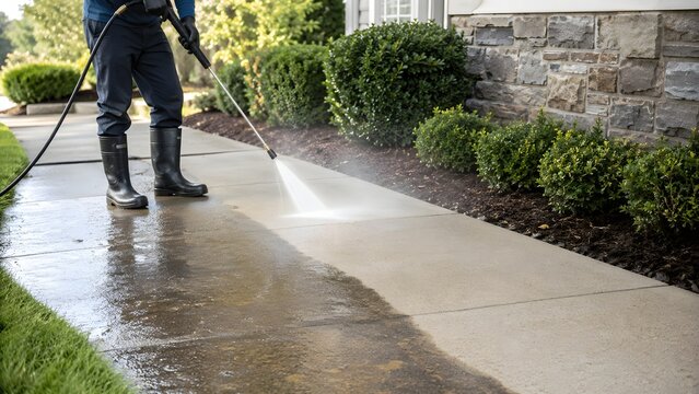 Worker pressure washing concrete sidewalk outside home, outdoor cleaning and property maintenance concept with water spray, garden path and curb appeal mood