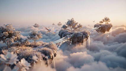 Surreal floating islands with snow-covered trees and birds flying at sunrise