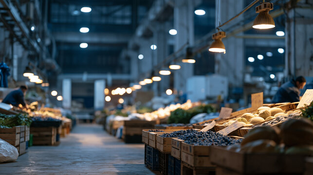 Night shift food distribution workers in vibrant wholesale produce market unloading refrigerated trucks under halogen floodlights, crates of berries and melons stacked