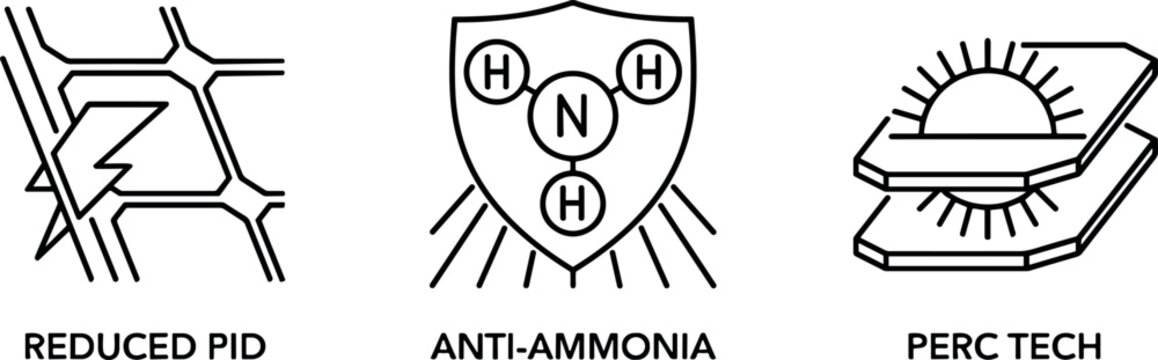 Solar panel technical specification icons set for reduced pid anti ammonia shield and perc tech vector illustration