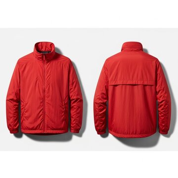 A mockup of a vibrant red winter jacket showcasing both the front and back views on a clean white background for lifestyle and fashion illustration purposes.