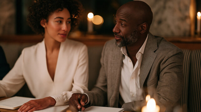 Leadership coach and emerging executive sit in candlelit private dining space deep in conversation over notepads, executive coaching scenario for professional development content,