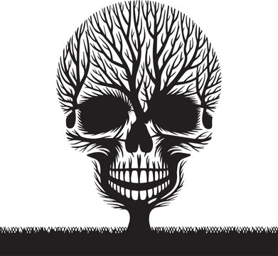 Silhouette of tree branch skull with menacing grin on white background