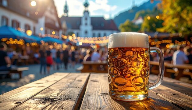 Cold beer mug on wooden table at outdoor festival.