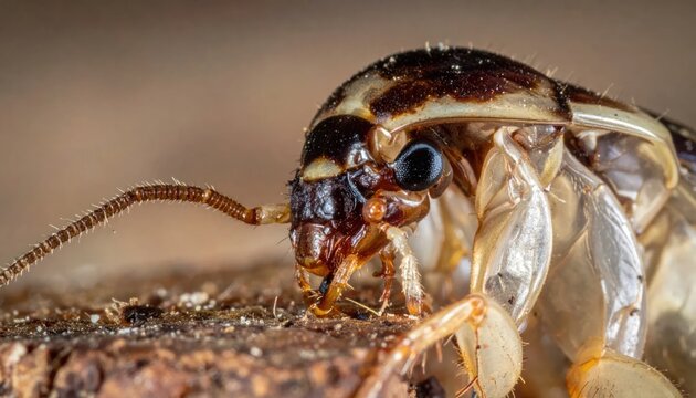 Cockroach macro crawling on weathered wood surface.