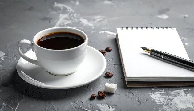 Coffee cup with notebook, pen, and scattered beans.