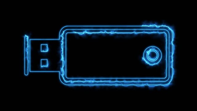 USB Flash Drive Memory Data Neon Electric Energy Blue Glow Abstract Technology Background Loop Motion Animation
