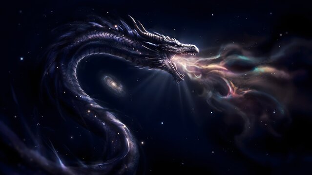 Mystical Cosmic Dragon in Space with Colorful Energy and Starry Background
