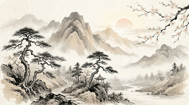 Traditional Chinese ink wash painting of misty mountains, serene landscape with pine trees and cherry blossoms, oriental sumi-e art with rising sun