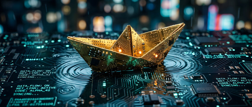 Golden paper boat constructed from electronic circuit board textures floating on water.