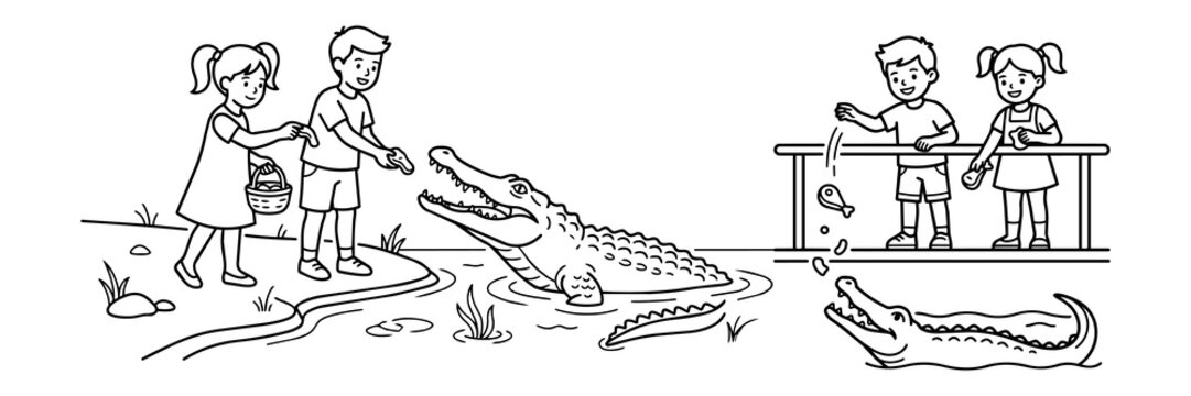 Black and white line art illustration of young children feeding crocodiles at a zoo or wildlife park showing dangerous interaction for kids safety.