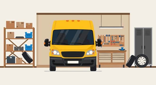 Yellow cargo van parked inside a garage with shelves and tools - vector illustration