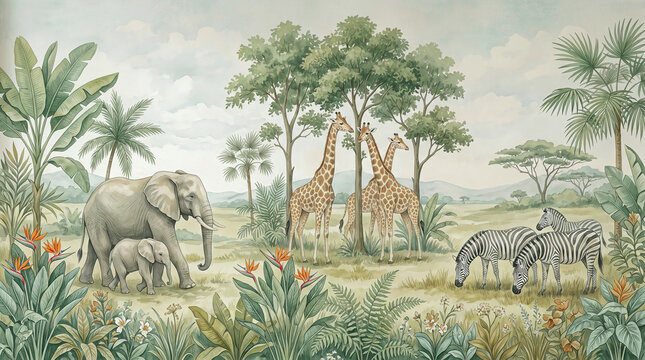Vintage safari animal mural with elephants, giraffes and zebras. Watercolor jungle landscape wallpaper. Retro botanical savanna nursery art.