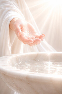 Hands holding water above a baptismal font in soft light