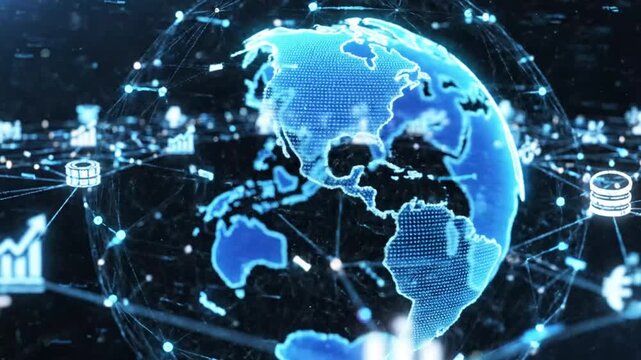 Global network connection with digital globe and data icons.