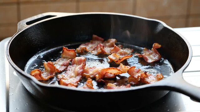 Crispy bacon slices frying in a black cast iron skillet