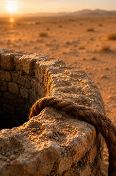 Rope resting on an abandoned stone well in desert sunset