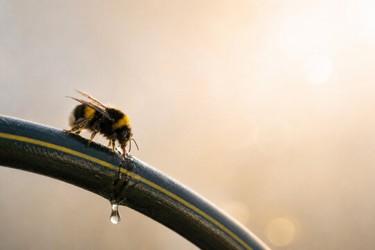 Bumblebee drinking water from a garden hose at sunrise