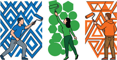 Painter Character Holding Roller Brush in Front of Geometric Patterns with Copy Space © MD