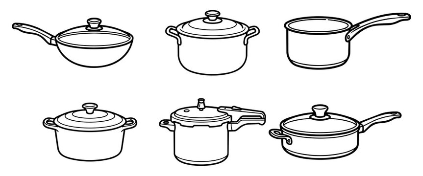 Set of various cooking pots and pans, including a wok, stock pot, saucepan, Dutch oven, pressure cooker, and frying pan, for kitchen use.