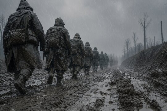 Squad of soldiers trudging through deep mud in a bleak, foggy landscape. Exhausted troops moving through a grim battlefield.