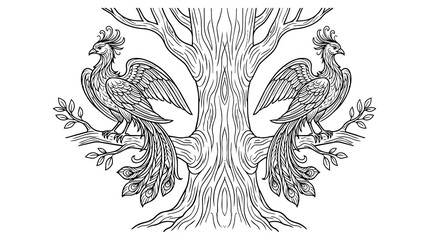 Fototapeta premium Two majestic phoenix birds perched on branches of a large, ancient tree, a symmetrical and mythical composition.