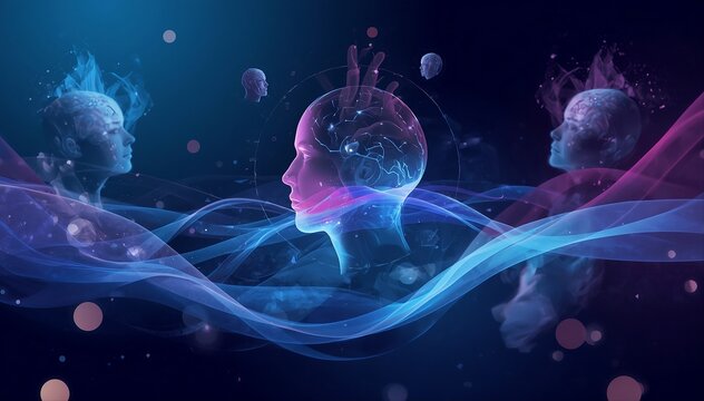 Abstract psychology background featuring floating subconscious symbols, layered human profiles, dream-like waves, fragmented memories, surreal geometric forms, soft glowing particles, deep blue