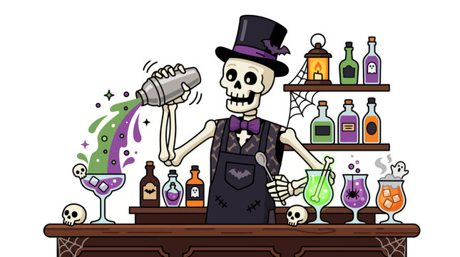 Skeleton bartender serving colorful potions at a haunted bar