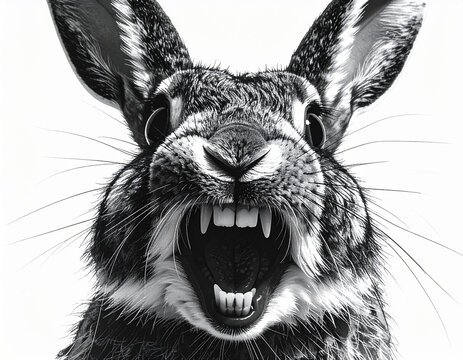 Close up aggressive rabbit with sharp teeth open mouth
