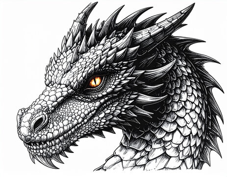 Close-up black and white illustration of a fierce dragon head