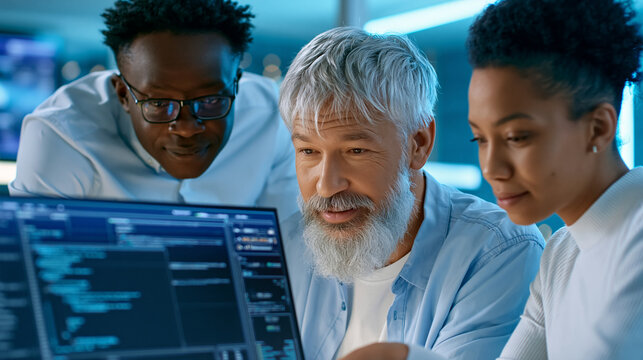 Anonymous senior software architect mentoring a diverse development team on backend code during an agile sprint review in a modern blue-lit tech office, faceless, defocused, with