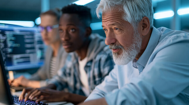 Anonymous senior software architect mentoring a diverse development team on backend code during an agile sprint review in a modern blue-lit tech office, faceless, defocused, with