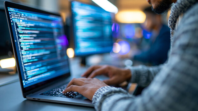 Anonymous cloud networking engineer configuring virtual private cloud routing tables on a terminal during a hybrid network migration, faceless, defocused, with copy space