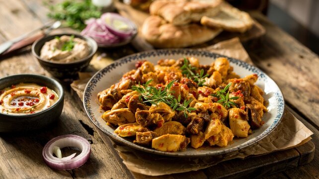 Dishes of Jewish cuisine. 
Restaurant serving of Jerusalem mix&mdash; a famous Israeli meat dish called Meurav Yerushalmi