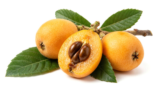Fresh loquat fruits with green leaves isolated on white background