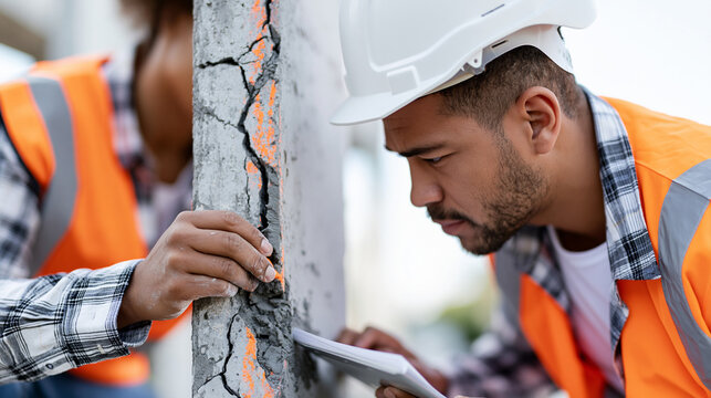 Anonymous construction foreman marking a defect on a structural concrete column with spray paint during a site inspection, quality control and snagging concept, faceless,