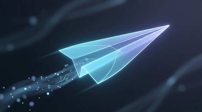 Transparent glowing paper airplane flying through a dark digital space with binary code particles and light streaks representing fast data