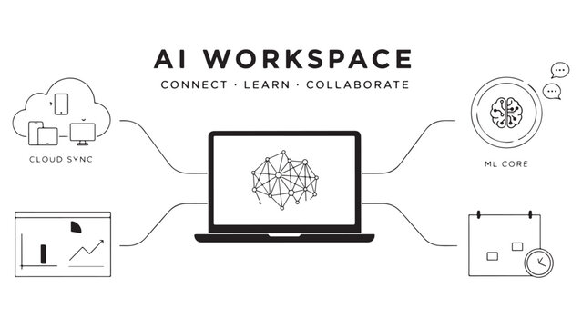 Ai workspace banner design with laptop computer connecting cloud sync analytics machine learning core and calendar for collaborative remote work systems.