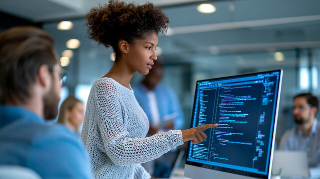 Anonymous female software architect presenting backend code syntax to a development team during an agile sprint review in a modern glass office, faceless, defocused, with copy