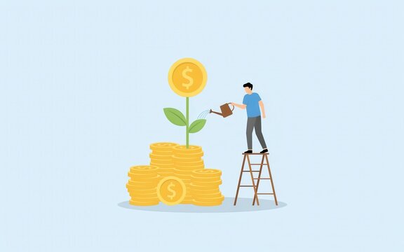 Man watering a money plant growing from a stack of coins