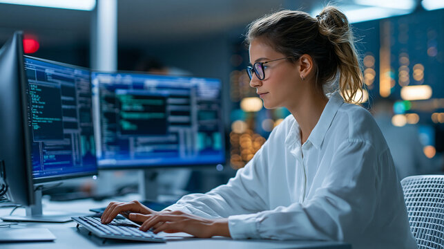 Anonymous female database administrator reviewing query optimization plans on a dual monitor setup in a modern server room, database management concept, faceless, defocused, with