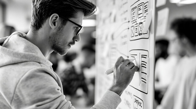 Anonymous solutions architect drawing a system integration diagram on a whiteboard for a cross-functional engineering team, technical design and collaboration concept, faceless,