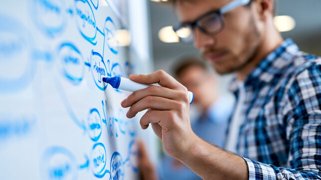 Anonymous solutions architect drawing a system integration diagram on a whiteboard for a cross-functional engineering team, technical design and collaboration concept, faceless,