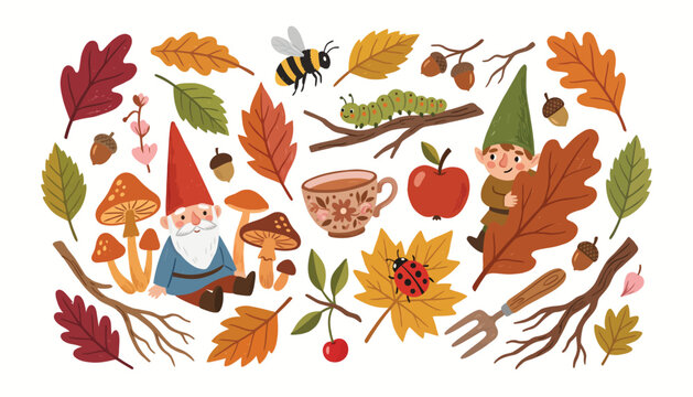 Autumnal illustration featuring gnomes leaves insects and woodland elements in a whimsical style
